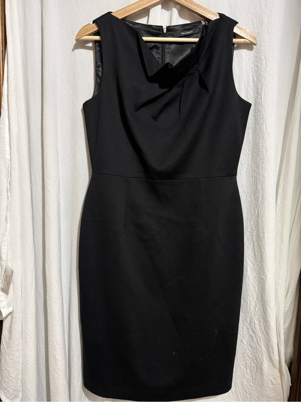 Tahari Black Sleeveless Sheath Dress with Draped Neck